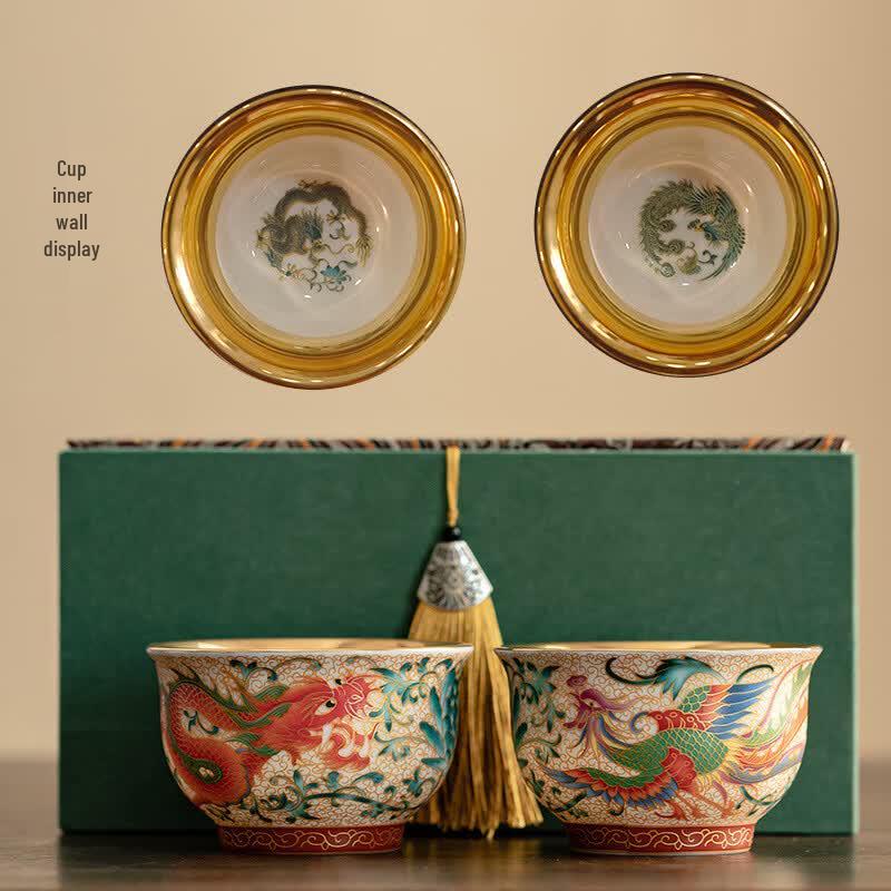 Chaxun Enamel Gold-Plated Ceramic Dragon Phoenix Teacup Set