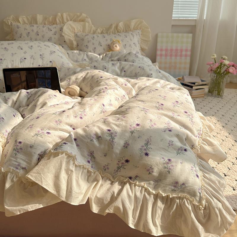 Cotton Double-Layer Yarn 4Pcs Set, Small Lotus Leaf Edge, Fresh Pure Cotton Gauze Quilt Cover, Bed Sheet