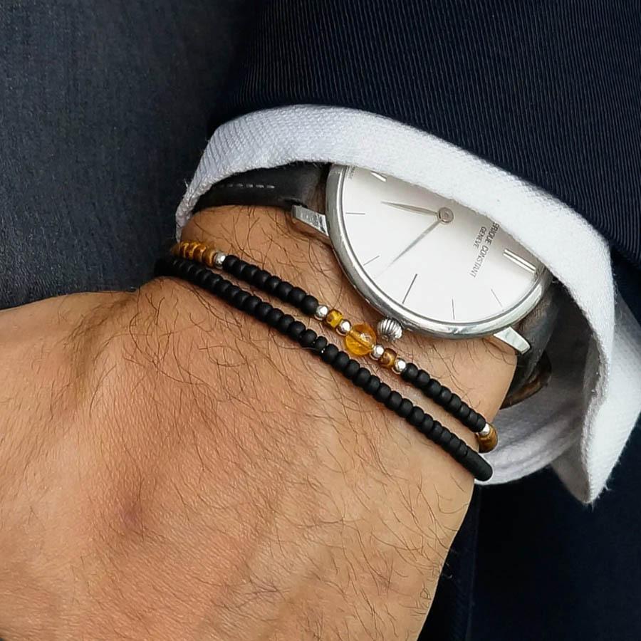 Vintage Schwarzes Mattes Armband Zirkon Krone Diamant Kugel Würfel Löwenkopf Perlenarmband Set