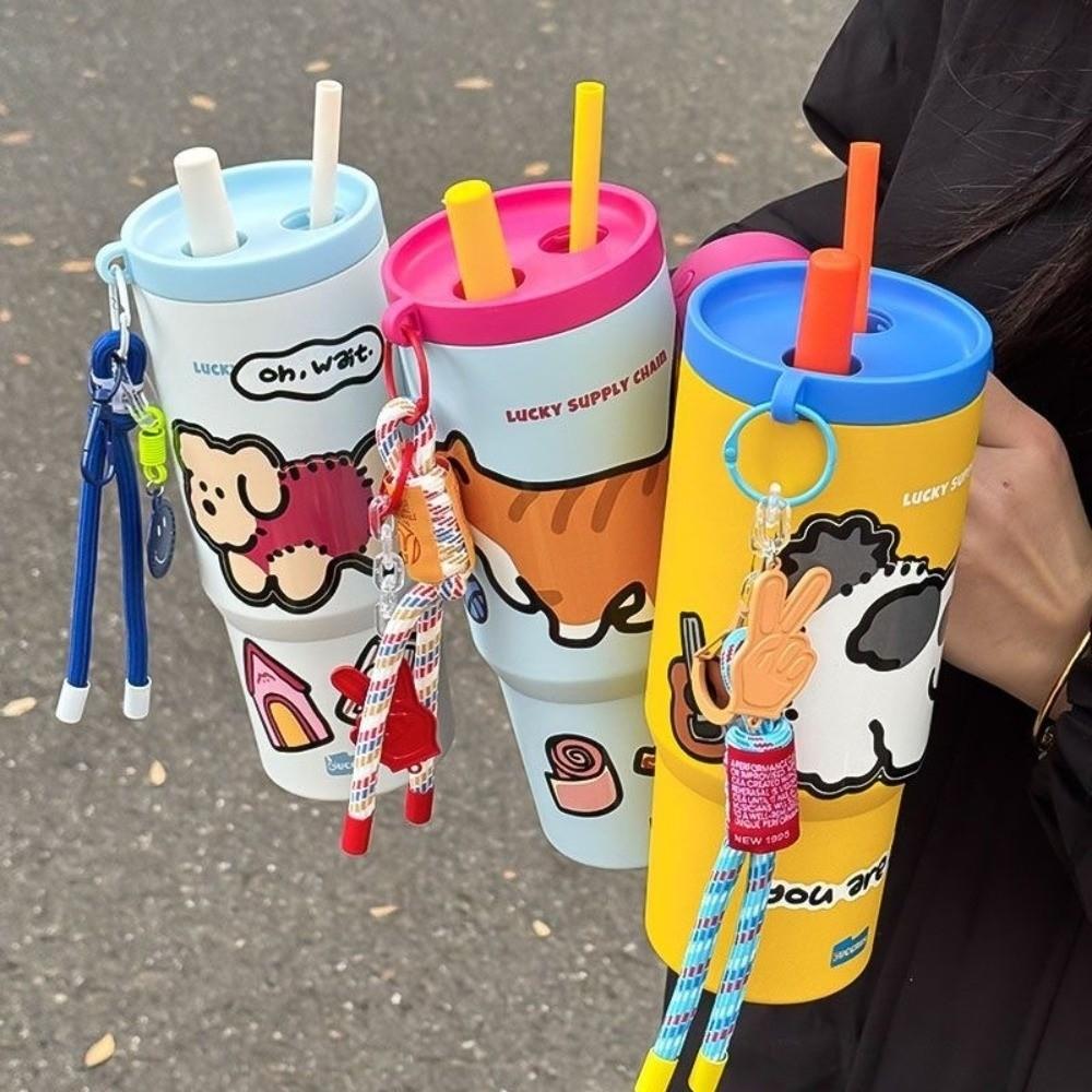 

Stainless Steel Straw Cup Cartoon Sticker Car Ice King Cup Fashion Vacuum Cup for Women Girls чорний