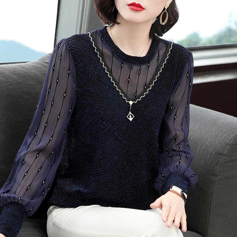2023 Spring & Autumn Women's Long Sleeve Loose Base Shirt for Middle-aged Moms