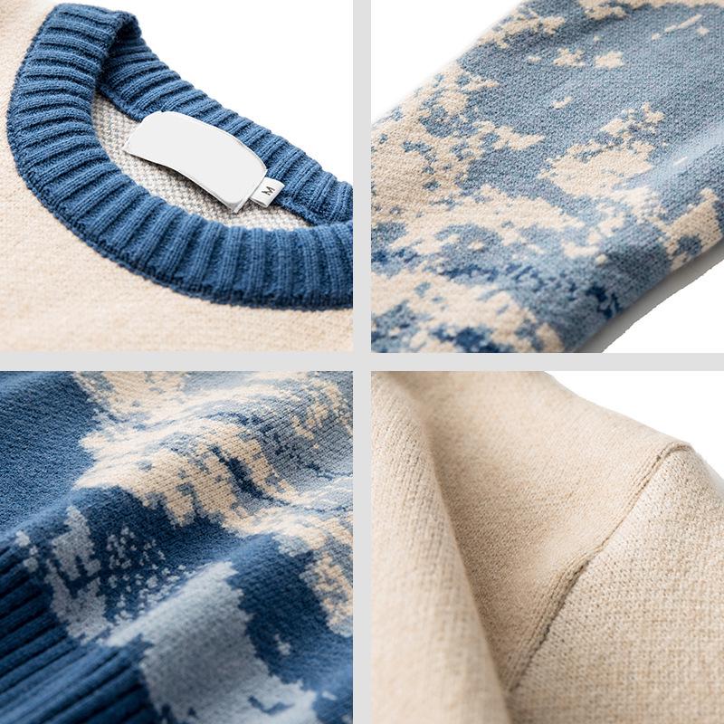 Men's Hong Kong Style Tie-Dye Snow Mountain Sweater: Trendy Round Neck, Loose Fit, Knitted, Long-Sleeve.