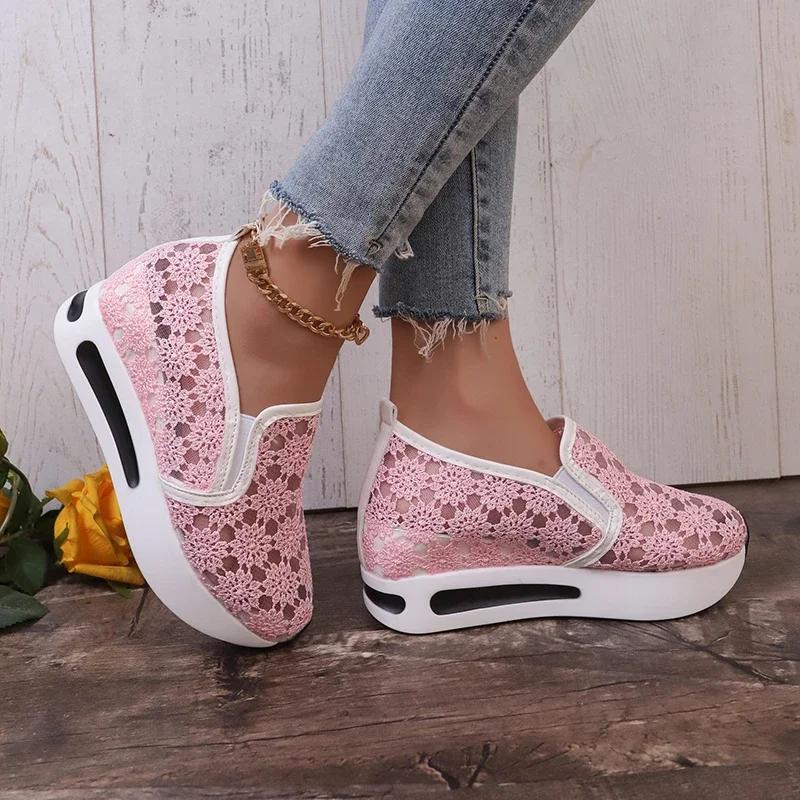 Spring Summer Plus-size Women's Casual Platform Sandals Flower Summer Sneakers Lace Mesh with Increased Height Inside Shoes