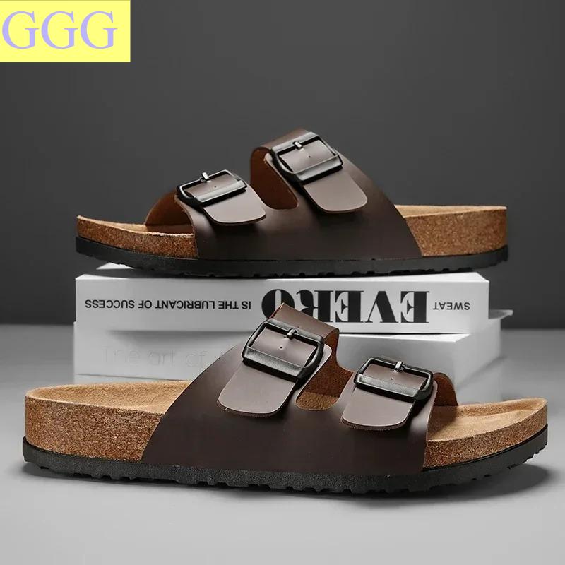 

2025 Новые кожаные пробковые шлепанцы в елочку для мужчин и пар Ретро летние шлепанцы Мюли Модные повседневные пляжные сандалии boken 36 коричневый