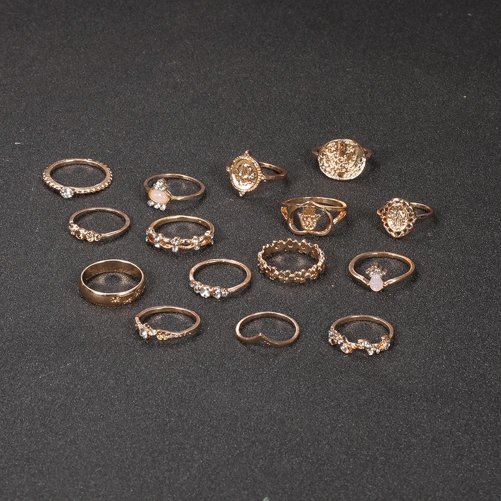 Vintage Beauty Avatar Gold Coin Cross Pattern Love Fatima Palm Ring 15-piece Ring Set