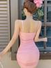 9823 Sexy Waist-Cinching Slimming Camisole Dress with Low-Cut Mesh Splice and Irregular Tight Bodycon Mini Skirt