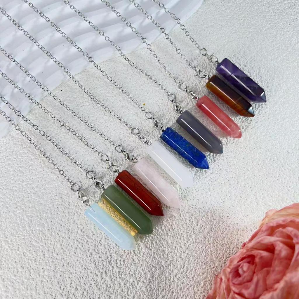 Natural Stone Hexagonal Pendant Necklace - Large Crystal Bullet Clavicle Chain for Women