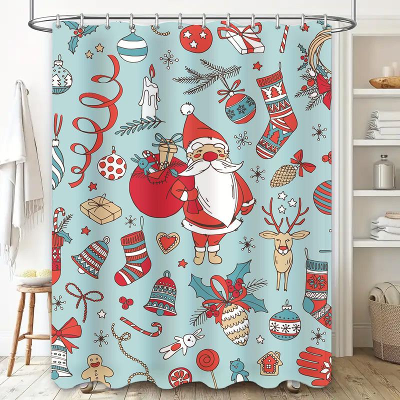 Tu Christmas Shower Curtain Festive Holiday Decor Xmas Pattern Bathroom Decor Santa Claus Print Waterproof Fabric Backdrop For H