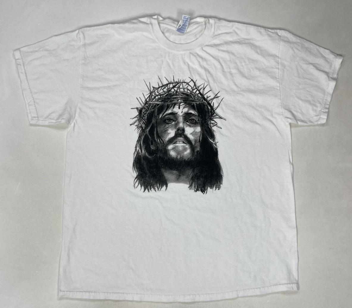 Jesus Face Graphic T-shirt Men XL White Short Sleeve God Religion S