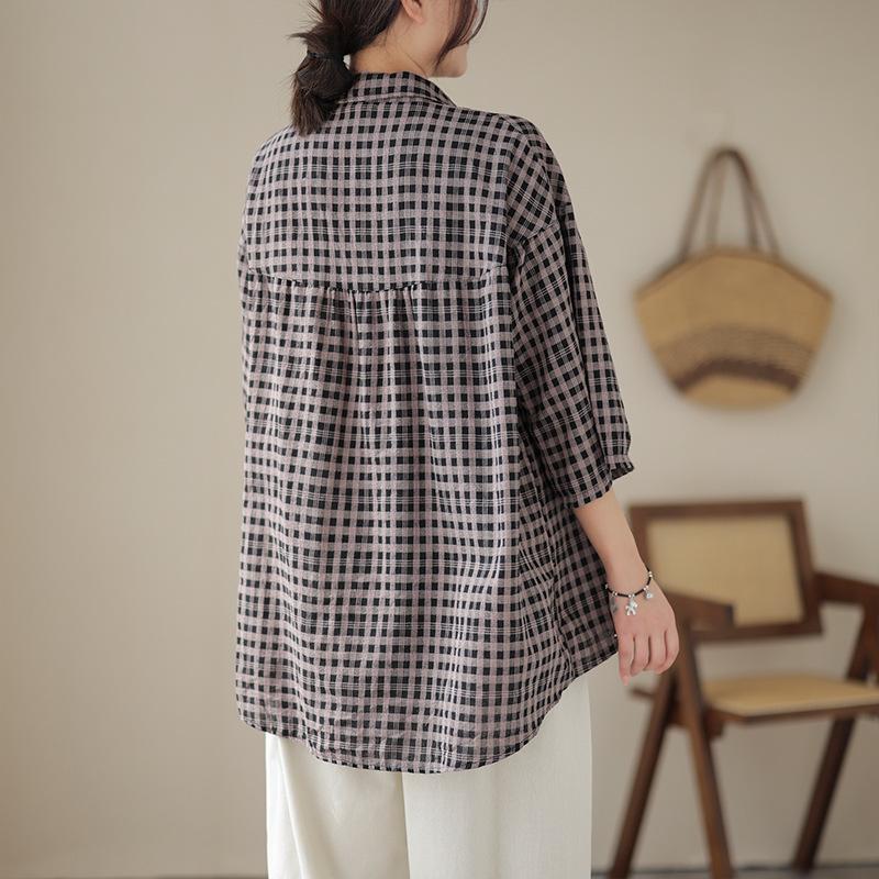 Autumn Japan and South Korea Loose Retro Cotton and Linen Large Size Casual Plaid Shirt