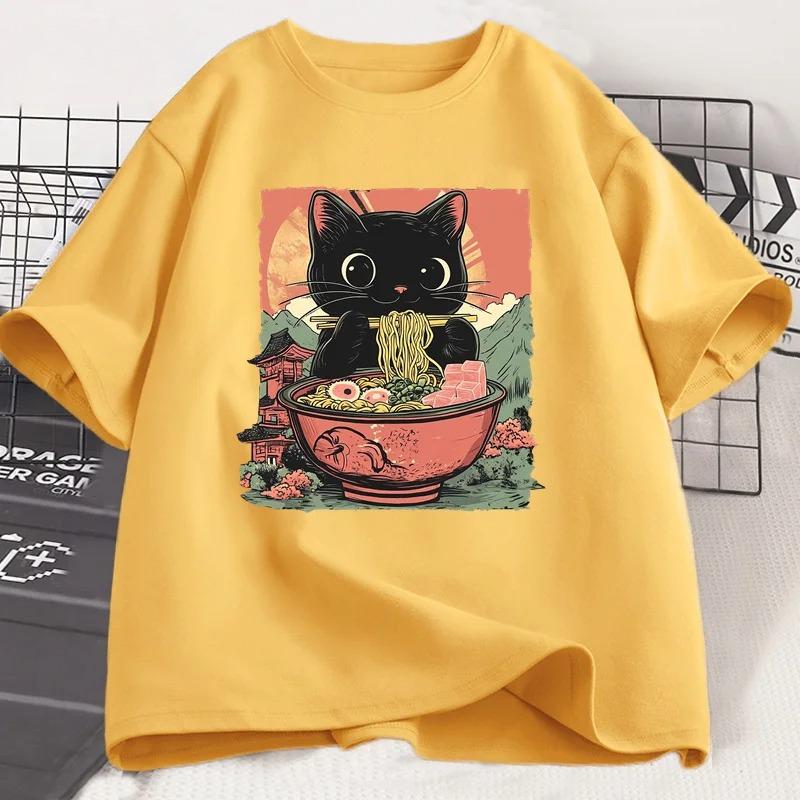 Cute Black Cat Eating Ramen T-Shirt Kids Adorable Graphic Tee Shirt Foodie and Cat Lover T-shirt Animal Printed Tees Top