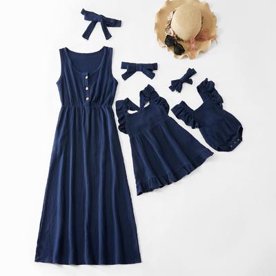 Sleeveless Linen Blend Maxi Dress for Women with Button Front Elastic Waist Baby Dress with Ruffle Sleeves and Matching Headbands Set