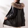 Autumn Winter Women's PU Leather Jacket Mid-length Fleece-lined Hooded Plus Size Leather Jacket with Fur Collar