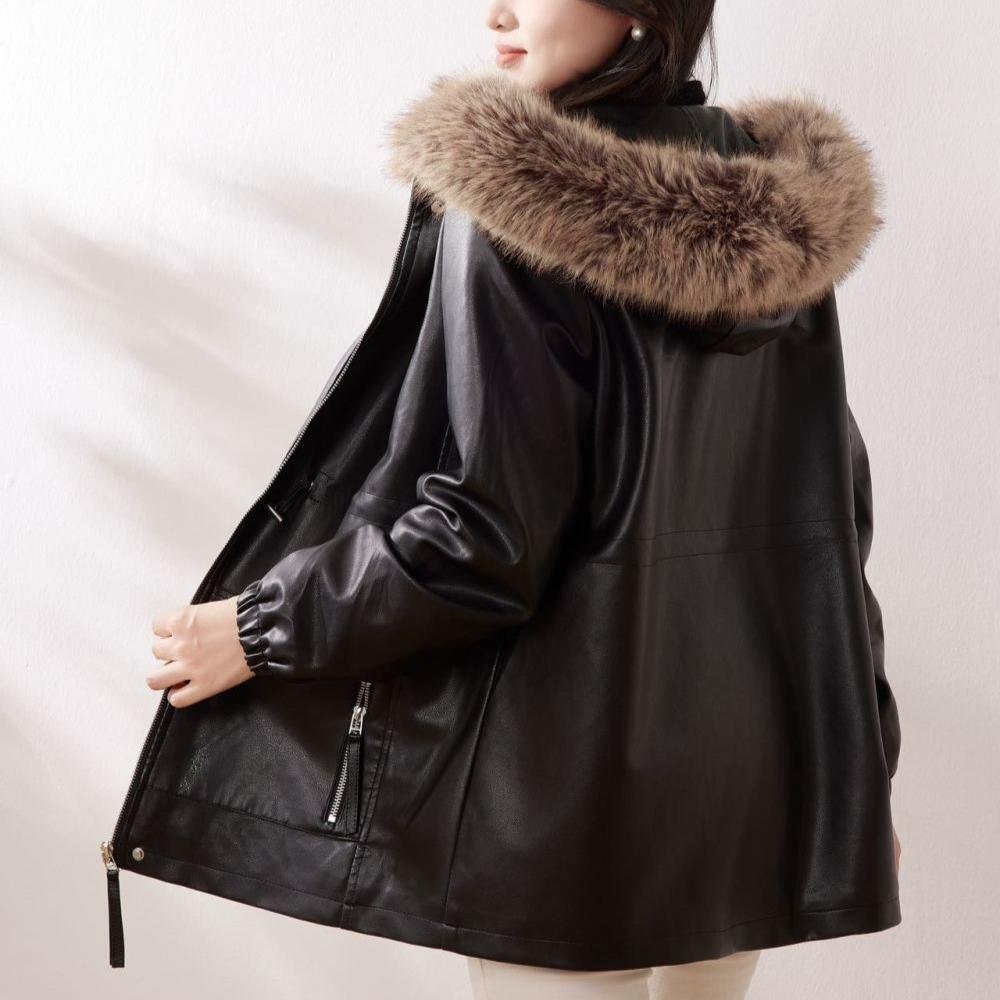 Autumn Winter Women's PU Leather Jacket Mid-length Fleece-lined Hooded Plus Size Leather Jacket with Fur Collar