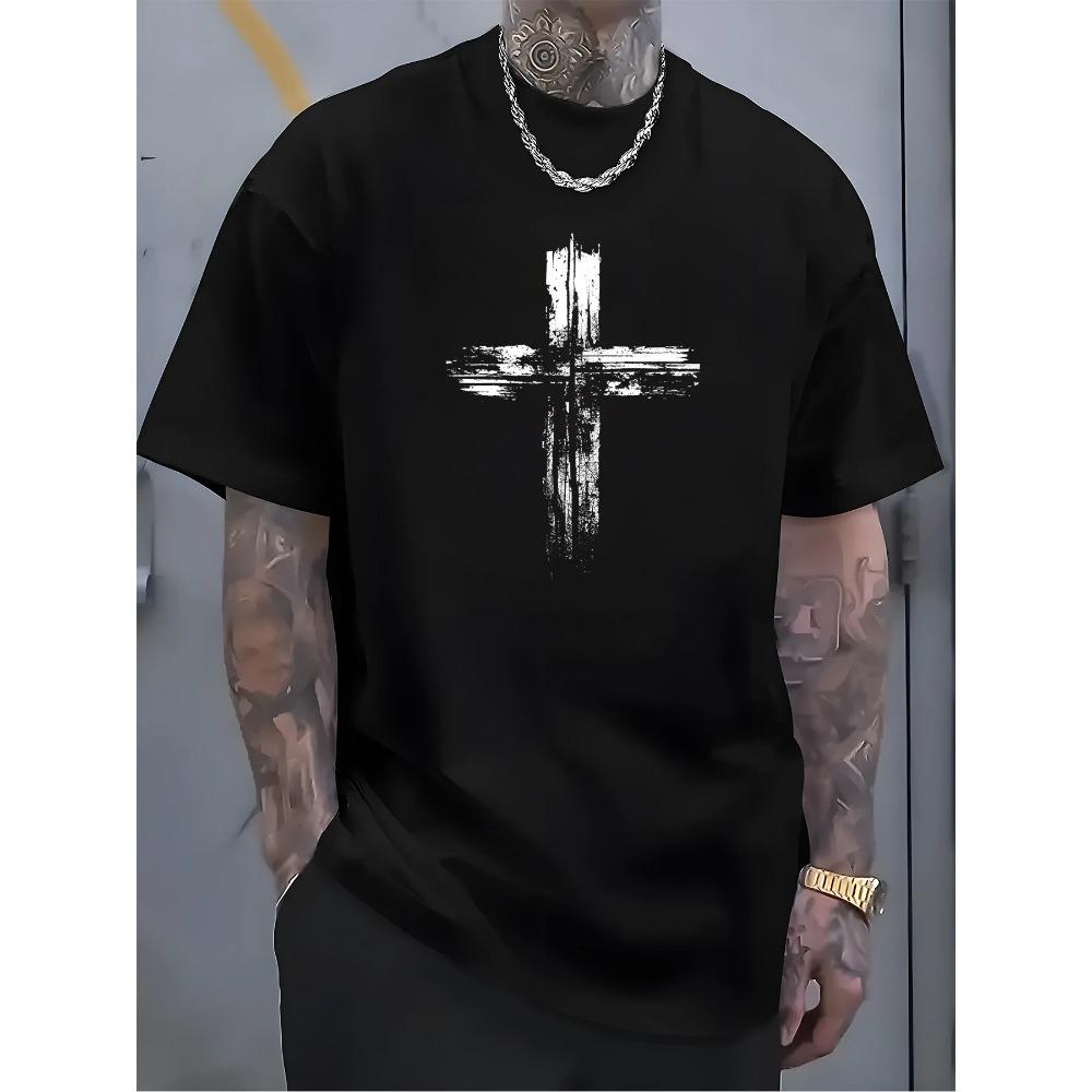 Men's Summer 100 Cotton Fashionable Casual Loose Plus Size Retro Cross Print Sports Round Neck Short Sleeved T-shirt Top