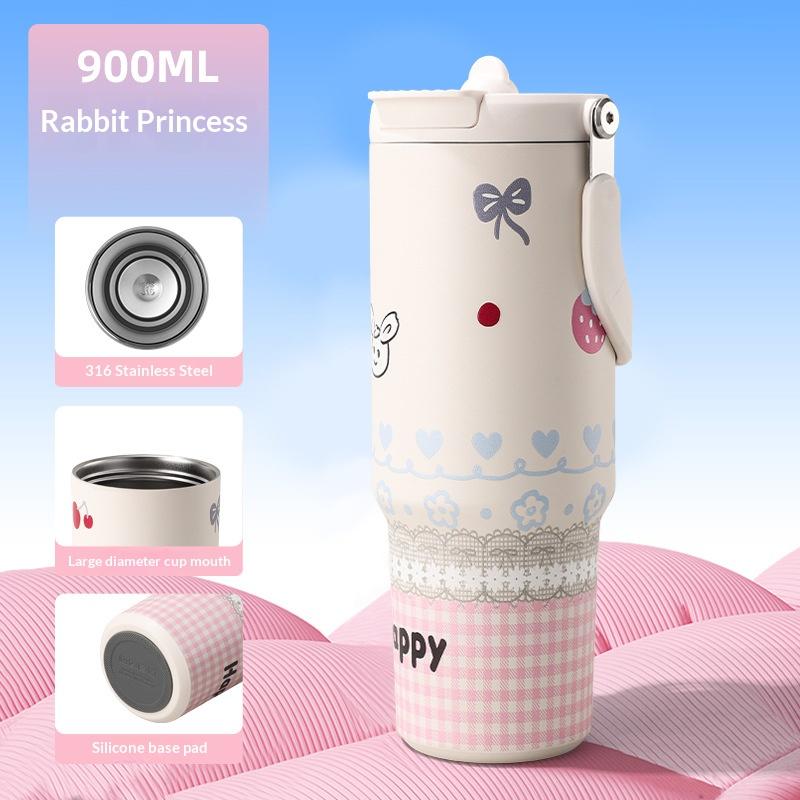 Cartoon Animal Thermos Cup Large Capacity Stylish Portable Straw Cup Outdoor Women's Insulated Coffee Mug