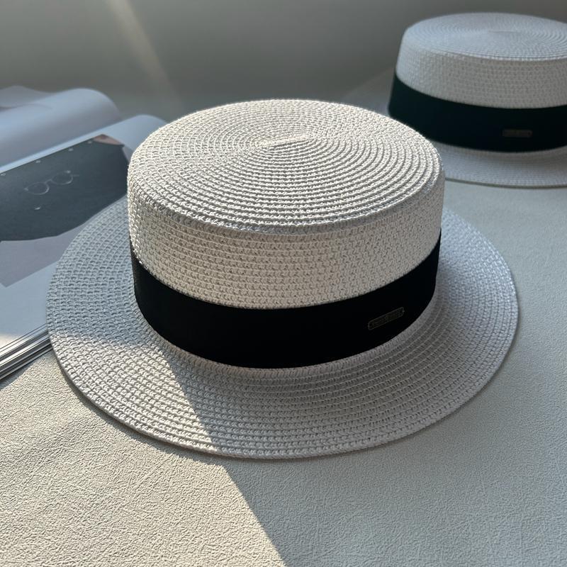 Flat top hat women's summer vacation seaside Panama hat flat edge French beach hat braided sunshade sunscreen top hat