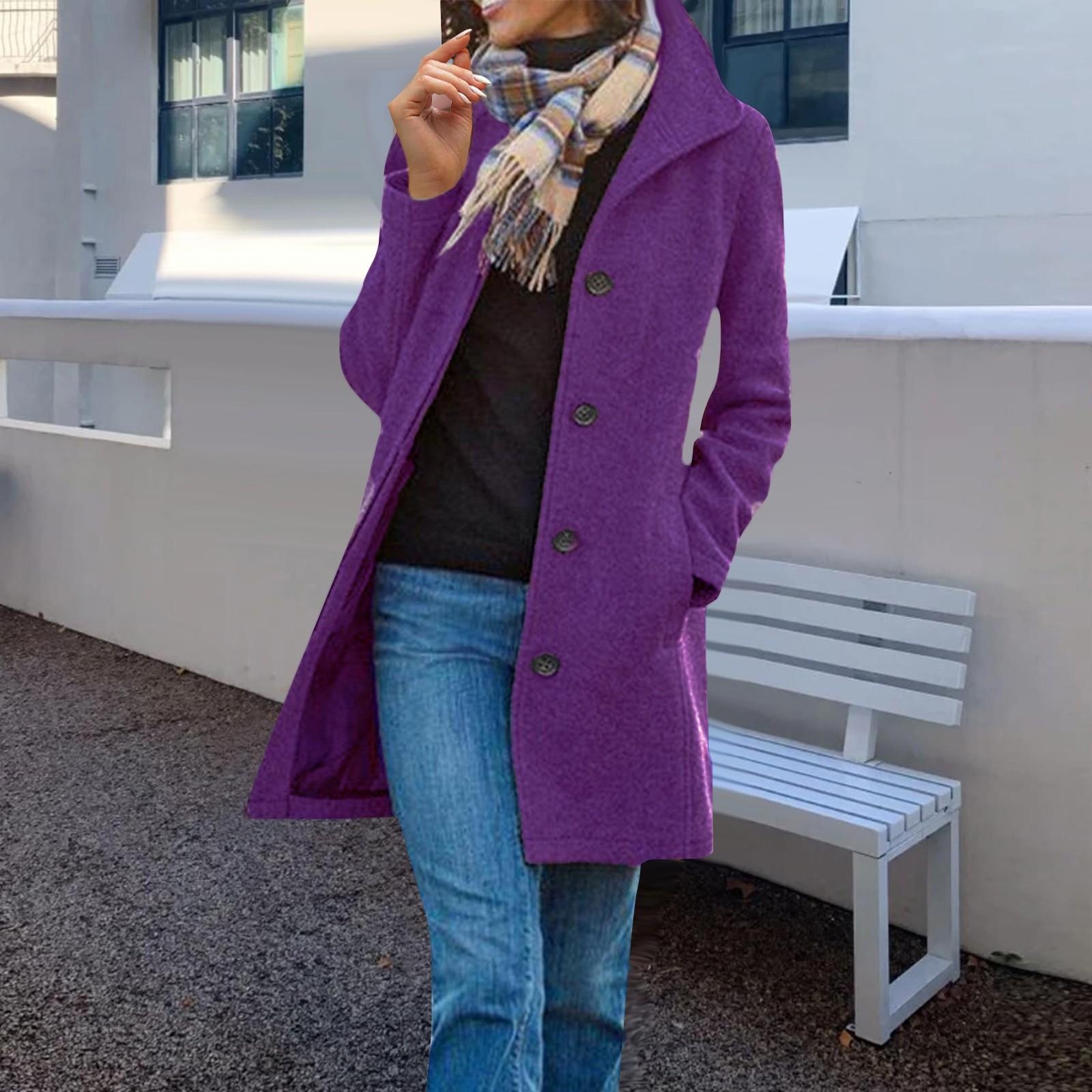 

Женский шерстяной тренч, двойное пальто, повседневная куртка с воротником-стойкой и флисовой подкладкой, верхняя одежда S фиолетовый