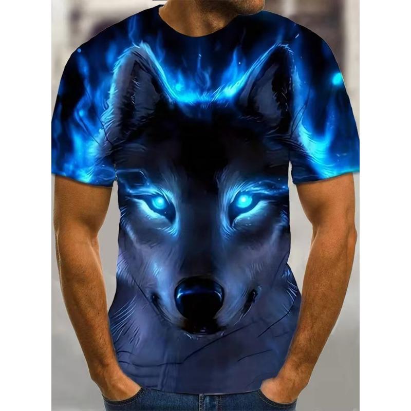 Men's T-shirt Wolf Print Casual Streetwear Fashion Short-sleeved Pullover Summer Outdoor Sports Top Tee Oversized Clothing