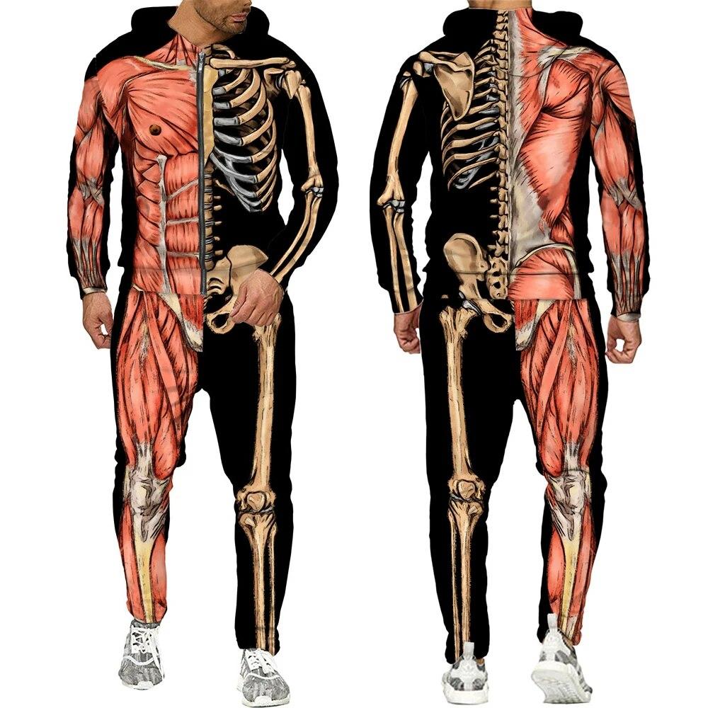 Halloweeen Cosplay Scheletro Splanchna 3D All Over Print Tute con cerniera Felpa con cappuccio da uomo Pantaloni 2 pezzi Set Abiti streetwear