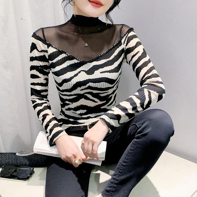 2024 Autumn Women's Slimming Mesh Print Long Sleeve Shirt
