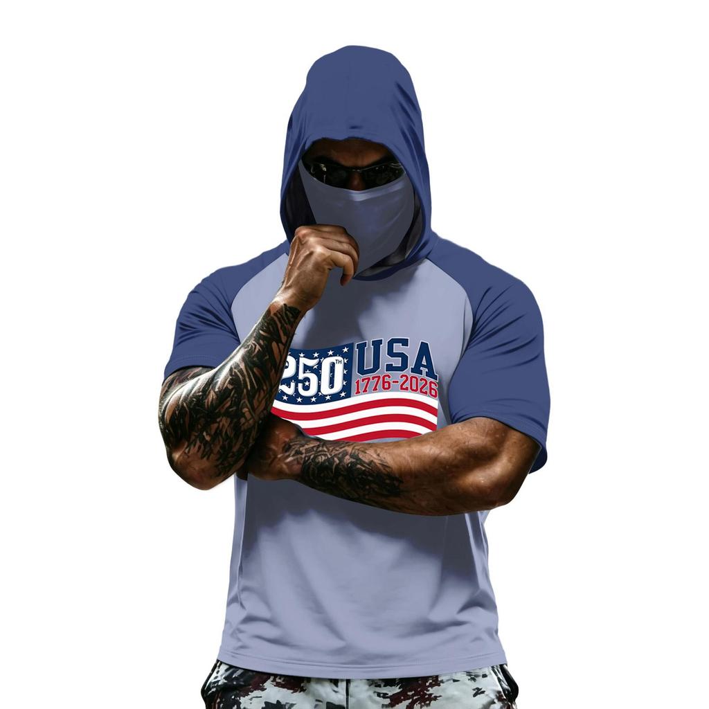 Men's Summer Camouflage Gradient Drying Short-sleeved T-shirt, Sun Clothing, Fishing, Fitness, Sports, Hooded Short-sleeved Shirt