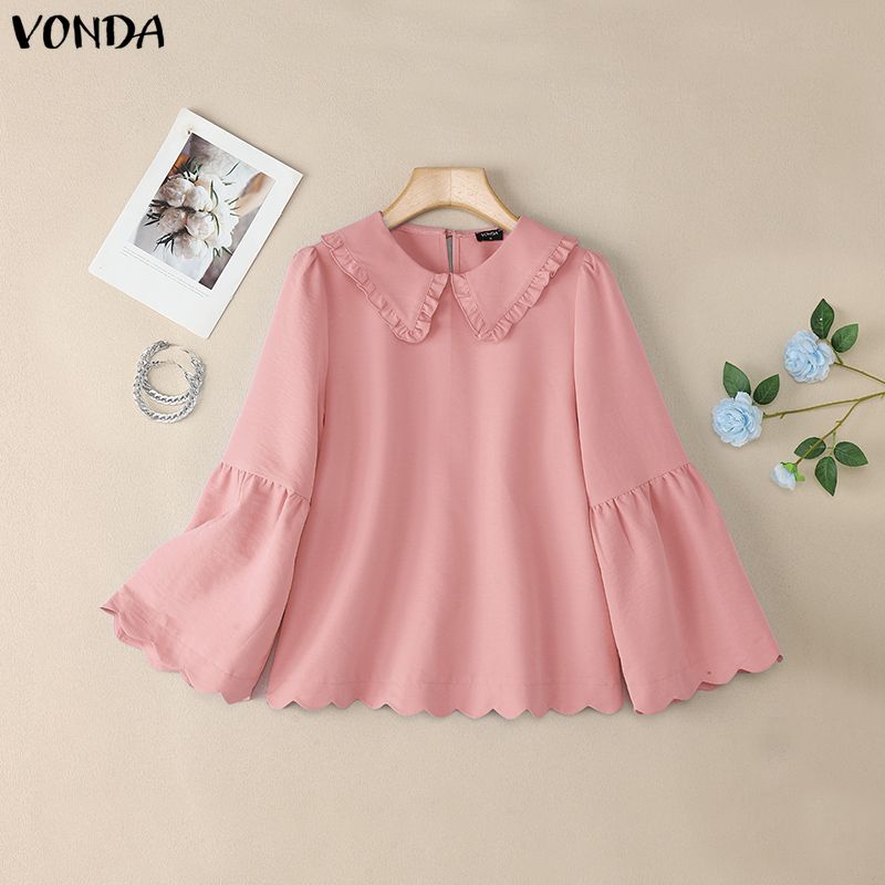 VONDA Women Casual Turn Down Collar Flare Sleeve Casual Loose Blouse