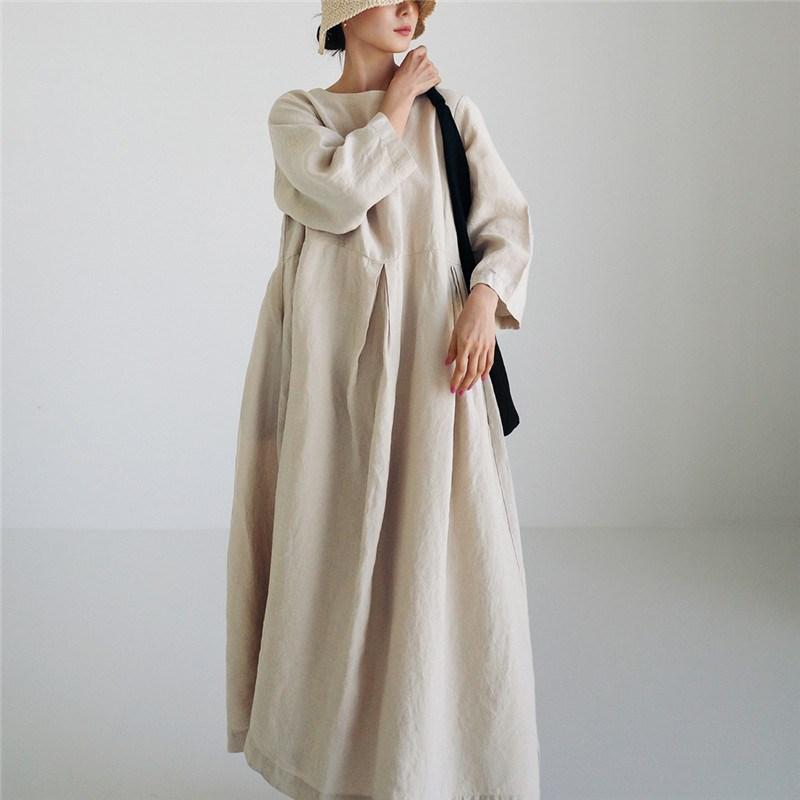 

Свободный женский хлопковый льняной пуловер больших размеров с круглым вырезом, однотонное платье длиной до колена, большое свободное платье S бежевый