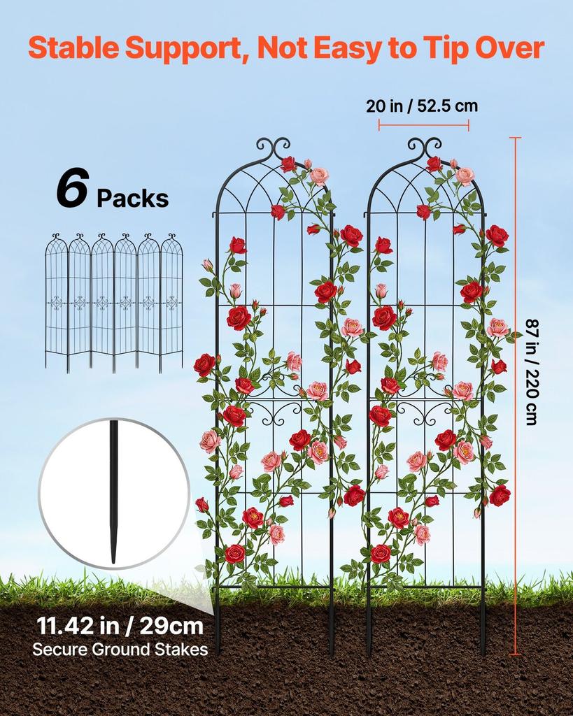 Garden Trellis, 220 x 52.5 cm Rose Trellis, 6 Packs Garden Flower Rose Trellises with Powder-Coated Finish & Convenient Locking Design, Plant Support