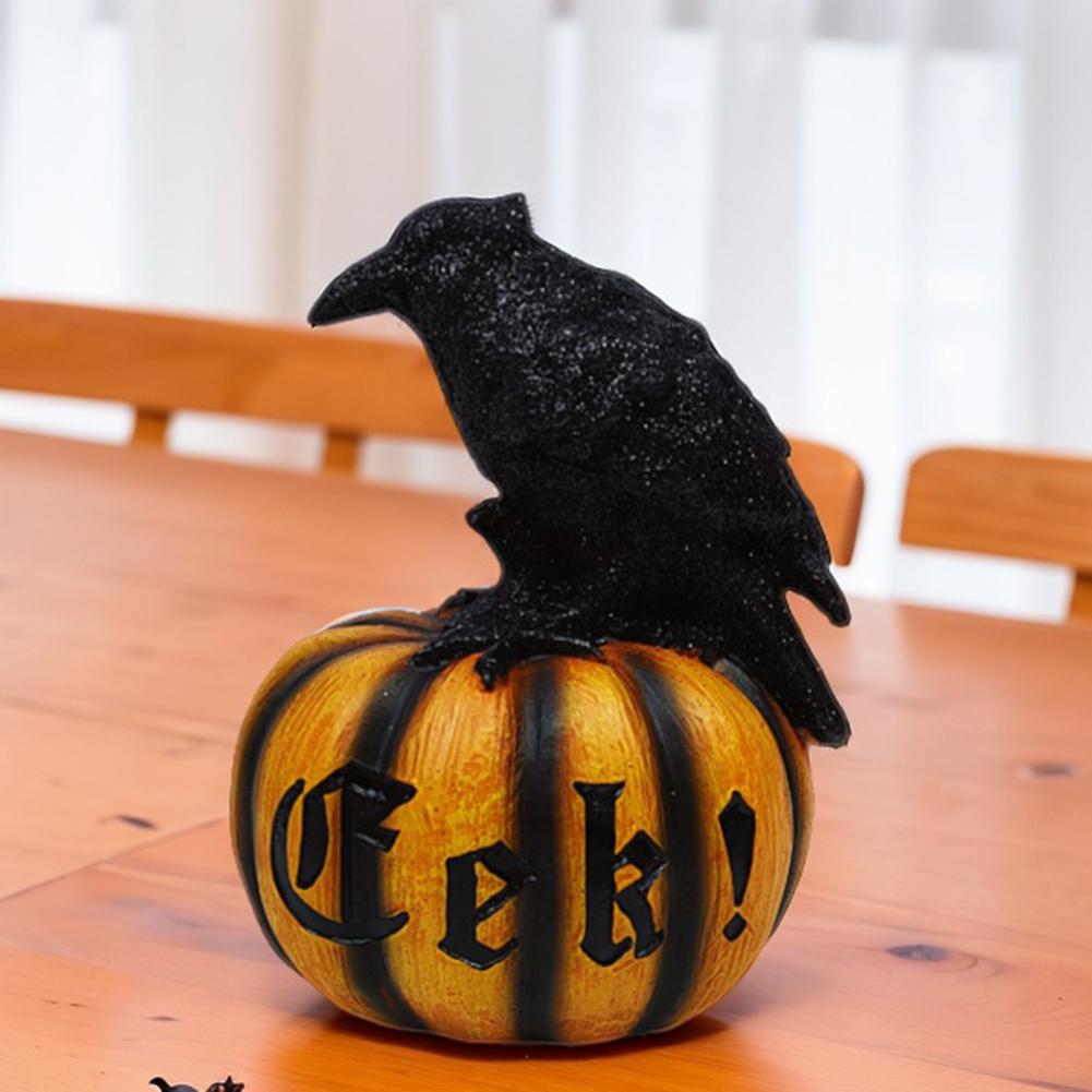 Halloween Spooky Pumpkin Crow Decor Resin Raven Pumpkin Ornament Horror Pumpkin Shape Resin Statue Halloween Desktop Ornaments