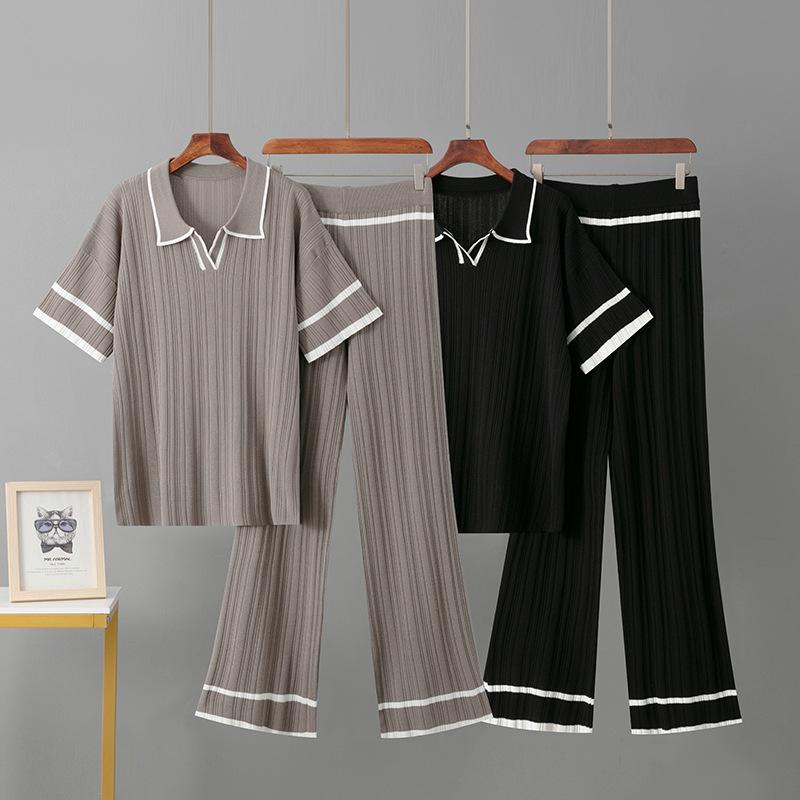 New Summer Polo Collar Short Sleeve Fashion Casual Loose Versatile Thin High Waist Knitted Suit Women