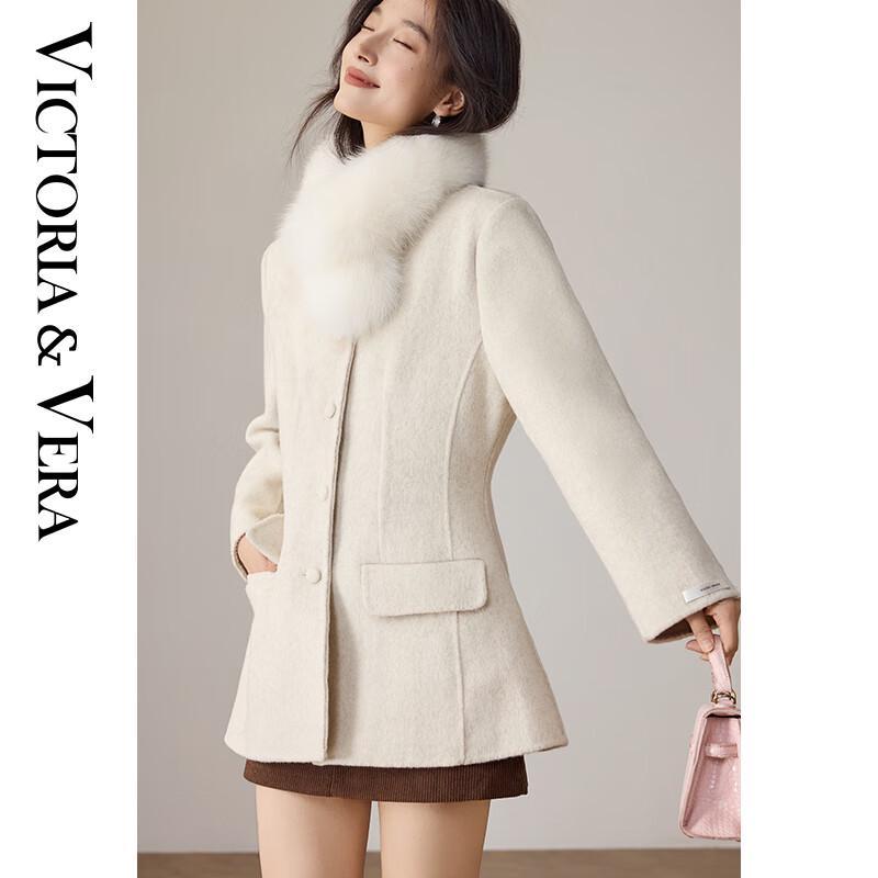 

VICTORIA&VERA Women s Belted Short Wool Blend Coat with Fox Fur Collar L