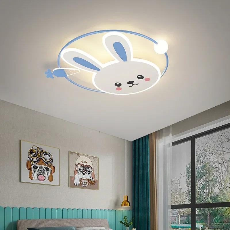 Nordic Children's Crescent Moon White Rabbit Ceiling Lamp Chandelier for Kids Room LED Lighting Home Decor Study Attic