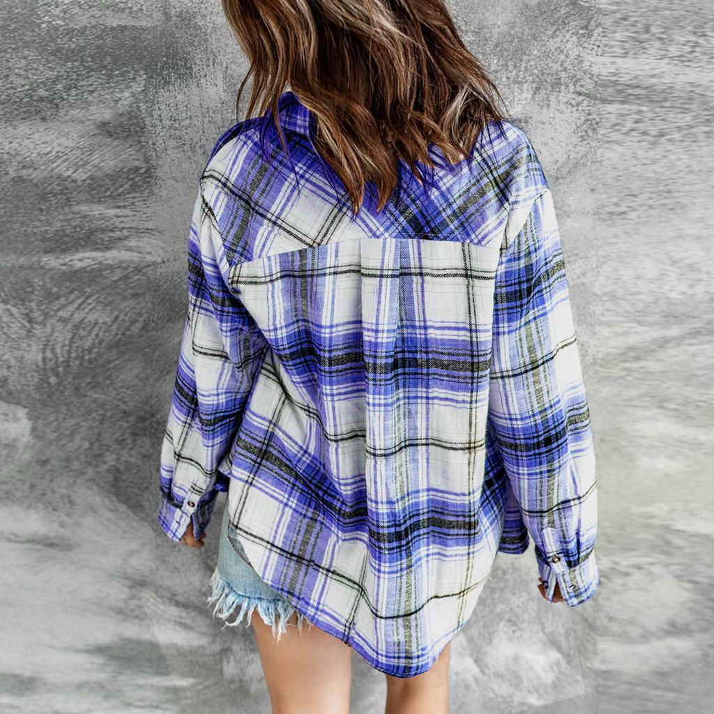 Women Loose Top Plaid Color Block Long Sleeve Casual Ladies  Blouse Coat Shirt Jacket