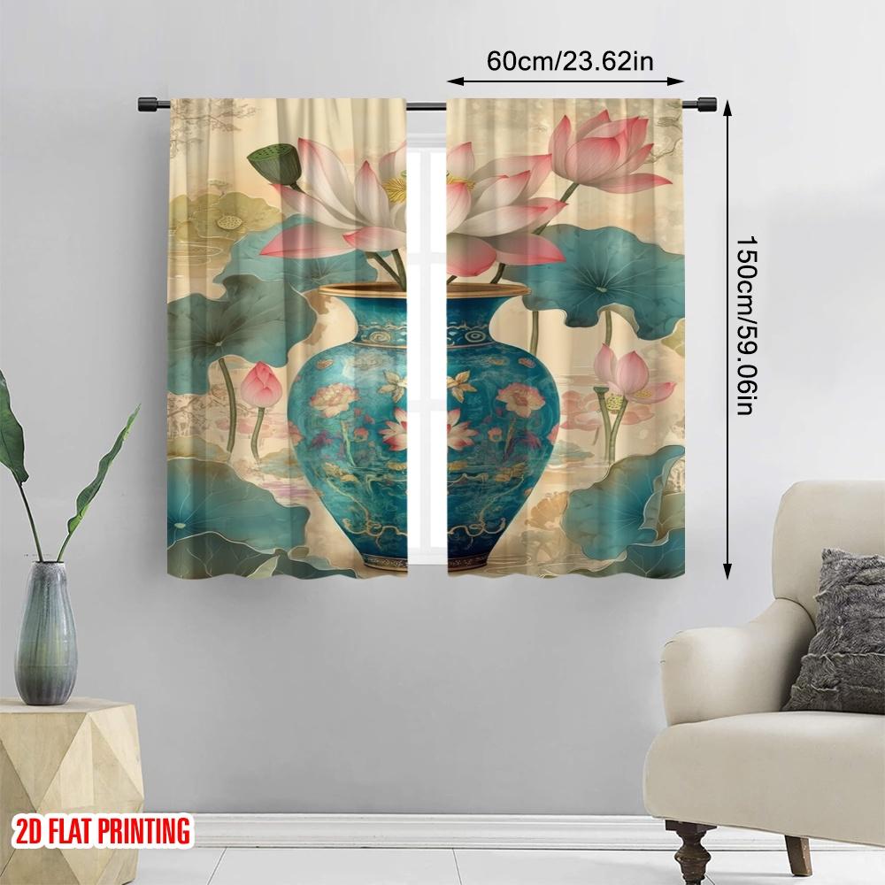 2 Stück, 2D-Flachdruck Lichtfilternde Vorhänge Lotus Elegance Strapazierfähiger 100% Polyesterstoff (ohne Stange) Dekorationen Innen