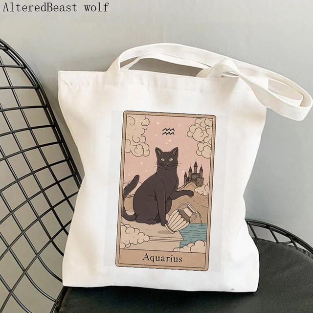 Dam Shopper bag katt Månen Tarot Tryckt Kawaii Väska Harajuku Shopping Canvas Shopper Bag flicka handväska Tote Axel Damväska