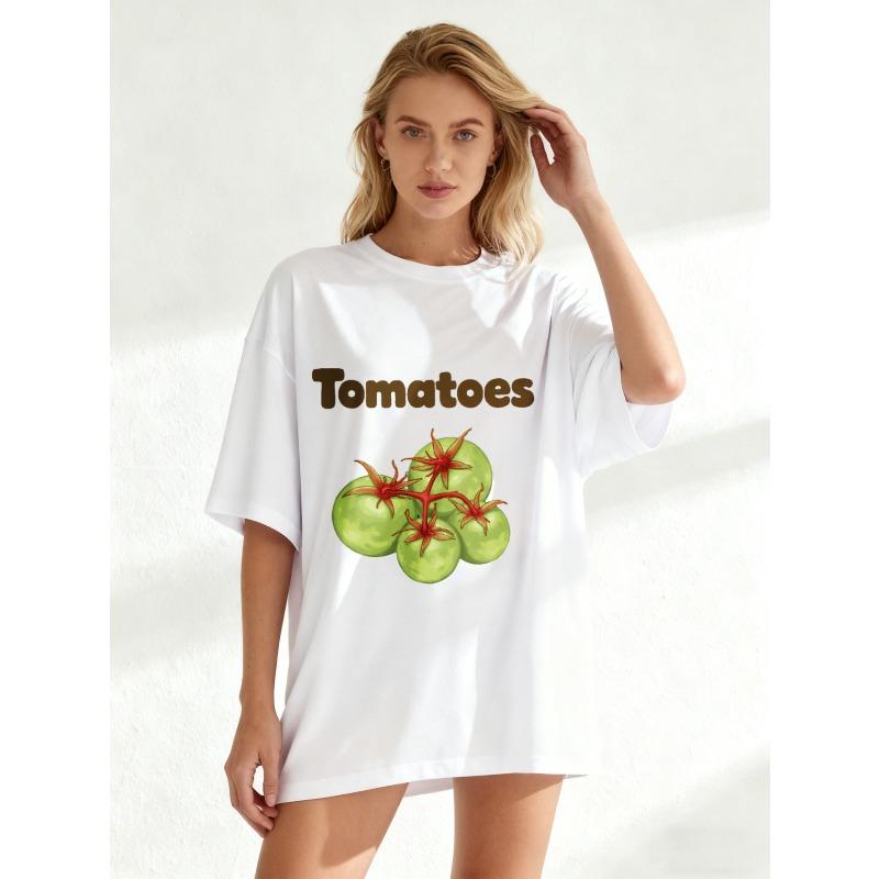 Oversized T Shirt Black Tomatoes Green Vegetables Print Casual Summer Wear