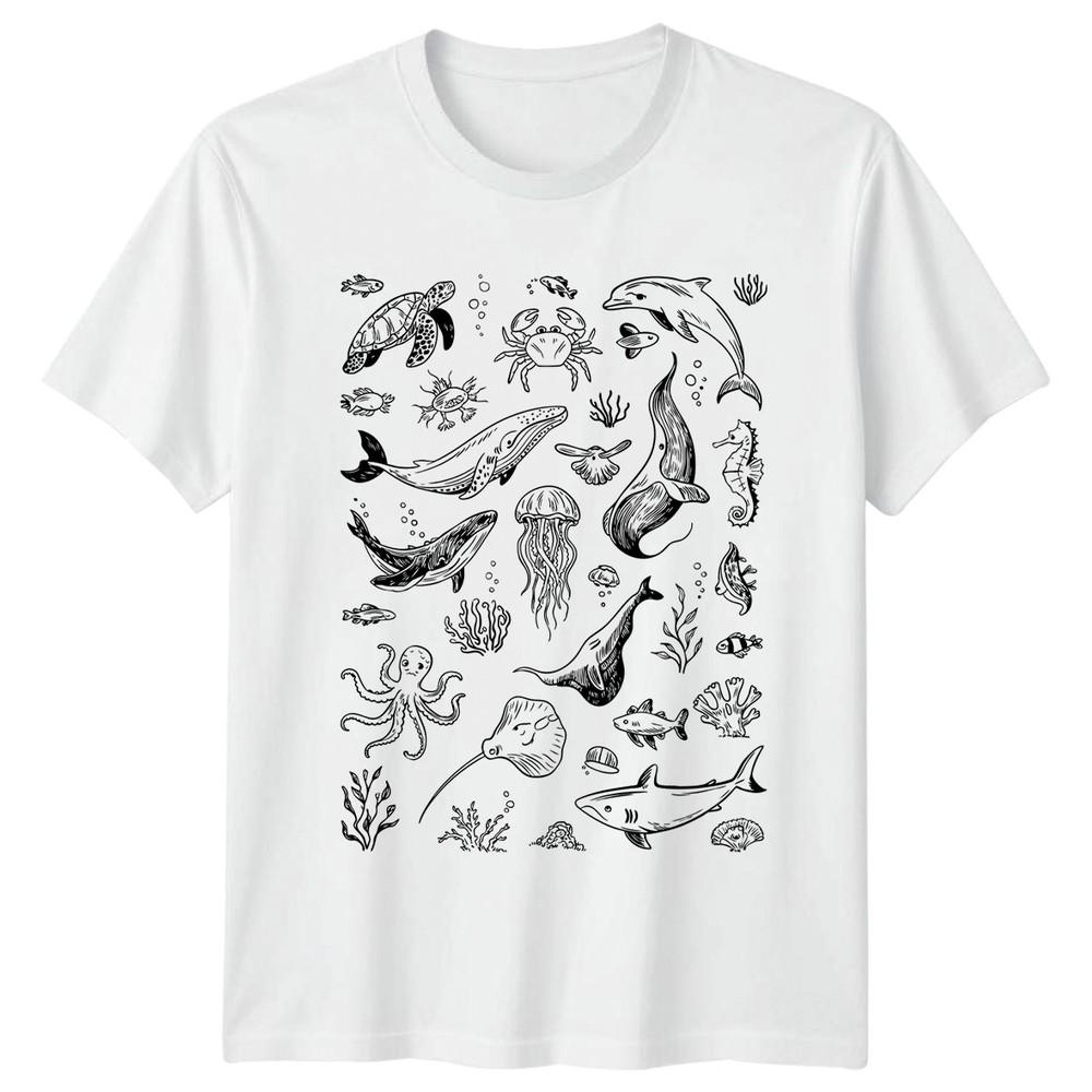 Ocean Life Marine Animals Hand Drawn Graphic Tee Unisexs TShirt Unisexs Top S
