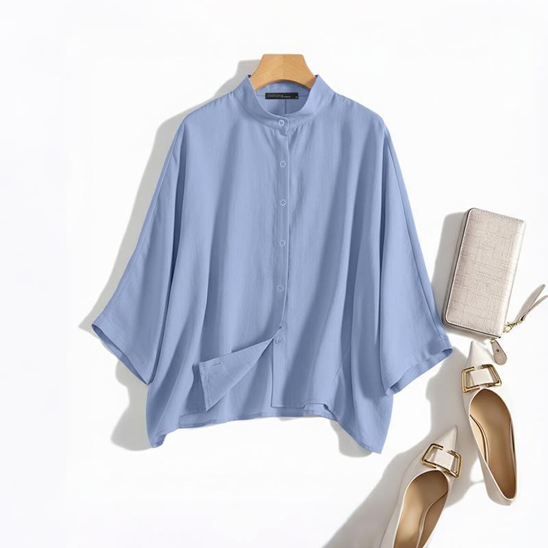 ZANZEA Women Casual Round Neck Solid Color Loose Long Sleeve Cotton Blouse