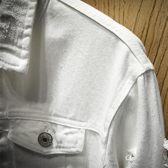 Kurtka dżinsowa z dziurą podarta jednokolorowa kołnierz klapowy streetwear jesień zima luźna