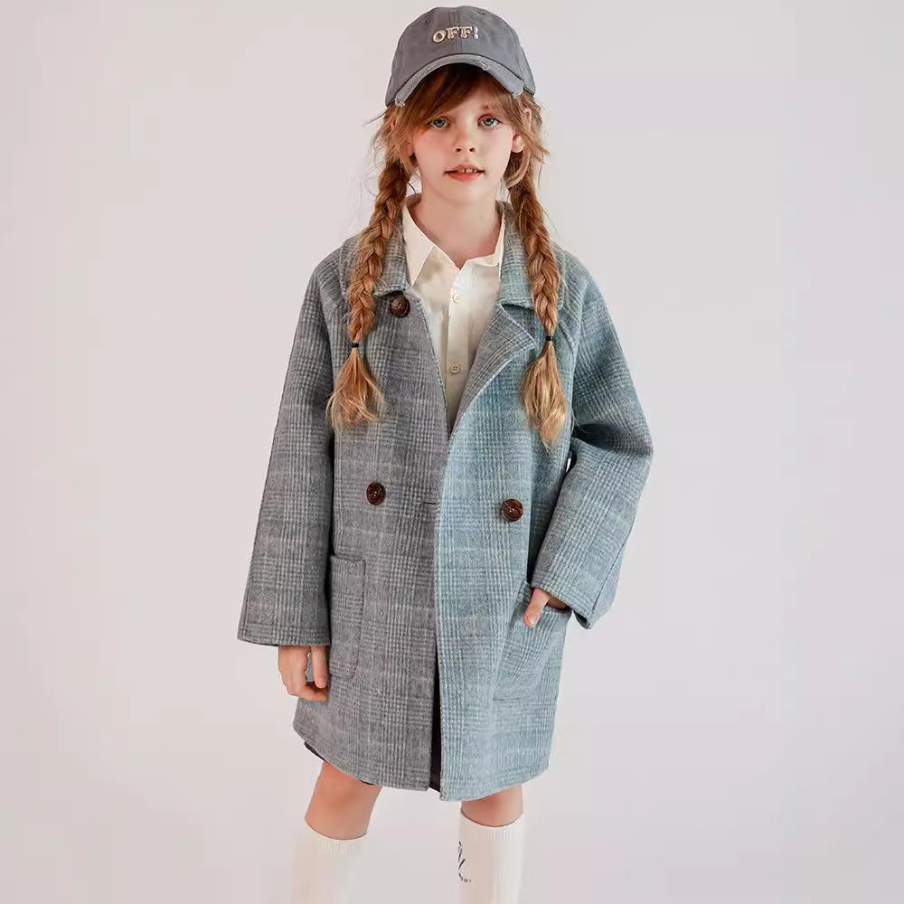 Girls Double-faced Wool Plaid Coat Autumn and Winter Coat Full Wool Thick Medium Length