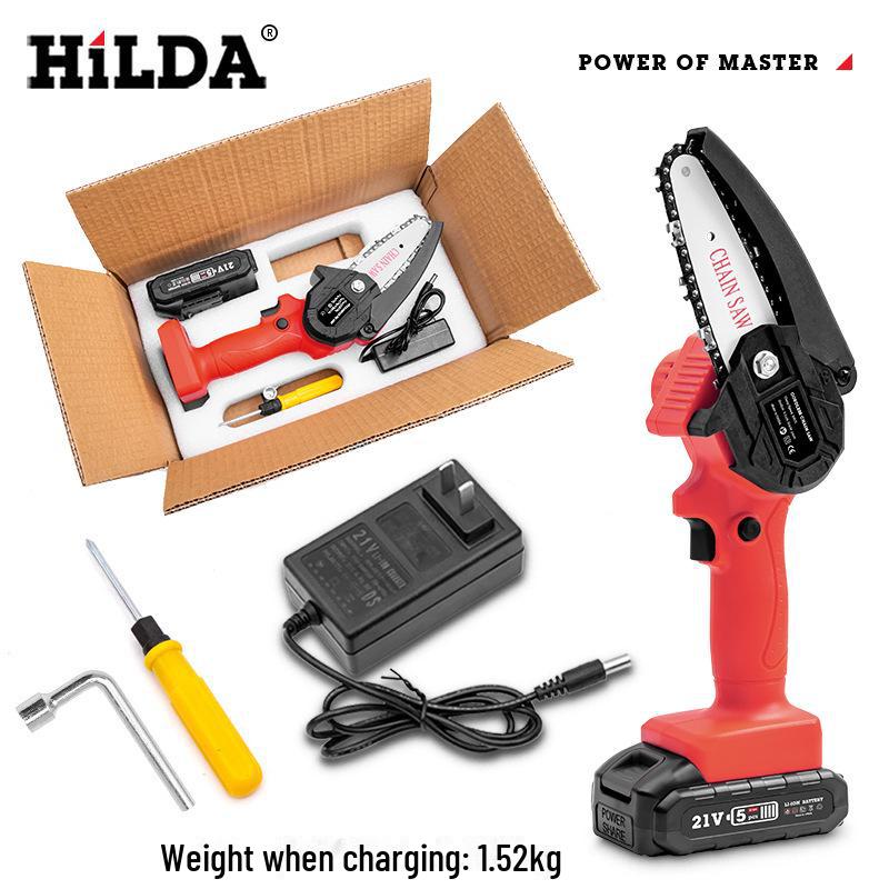 HILDA Electric Mini Chainsaw, Lithium Battery, Certified for Felling & Pruning