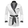 Mens Contrast Smoking Jacket Robe Belt Lapel Long Sleeve Side Pockets Satin Kimono Bathrobe Nightwear Loungewear