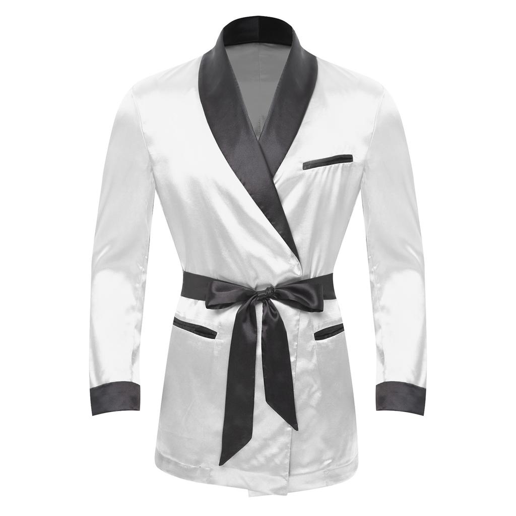 Mens Contrast Smoking Jacket Robe Belt Lapel Long Sleeve Side Pockets Satin Kimono Bathrobe Nightwear Loungewear