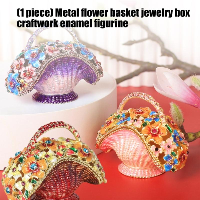 Metal Flower Basket Jewelry Box Enamel Craft Decorative Storage Organizers For Rings Earrings Necklaces Home Decoration
