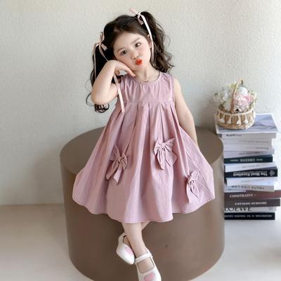 Summer Pink Sweet and Cute Round Neck Sleeveless Vest Dress with Bow Decoration for Girls Aged 3-7 Daily Wear