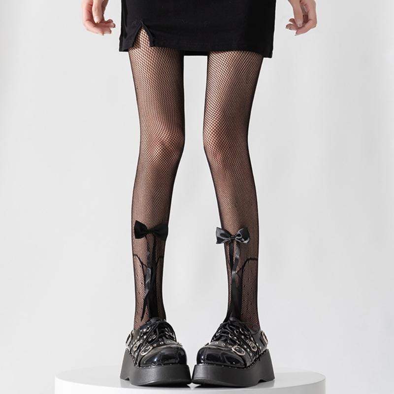 Women Japanese Ballet Sheer Mesh Pantyhose Stockings Crisscross Pattern Cute Ribbon Bowknot Fishnet Tights Leggings