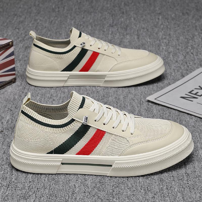 Spring Summer New Shoes for Men Knit Casual Shoes Striped Flat Skateboard Youth Slip-on Sneaker