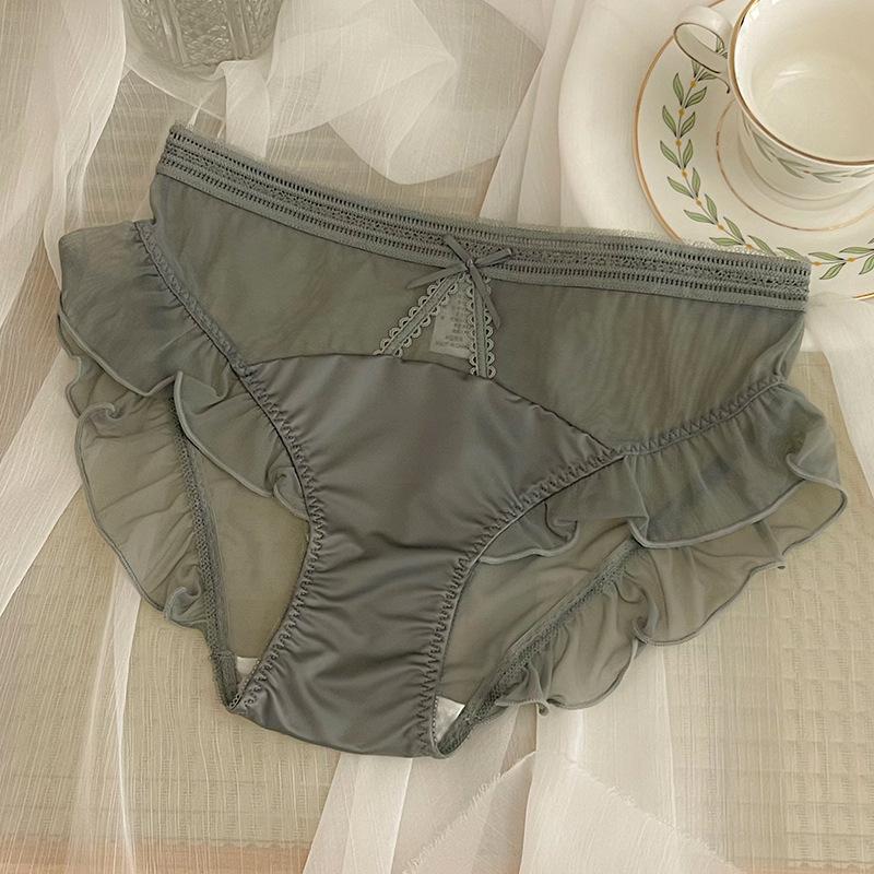Ladies Spring and Summer Cute Sexy Sweet Lace Patchwork Ice Silk Gauze Mid Waist Panties