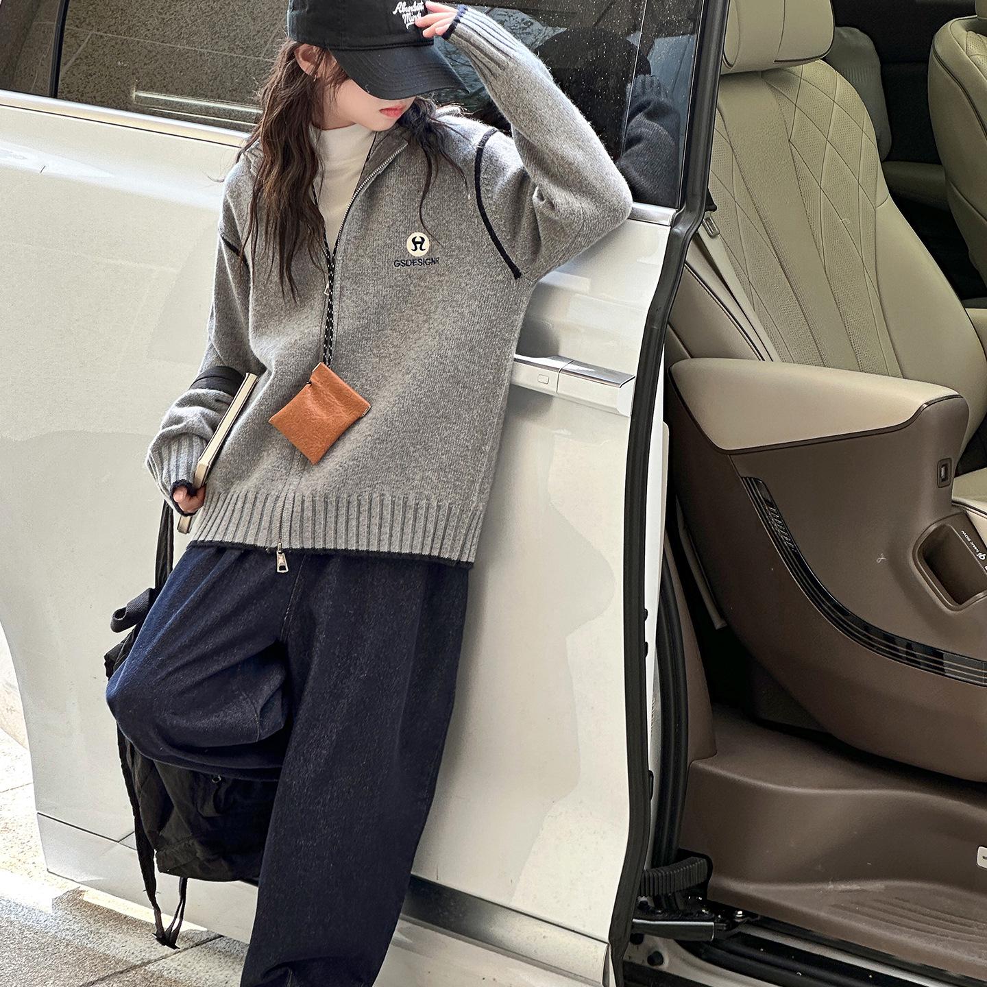 

Retro Lazy Style High Neck Sweater Jacket for Kids - Double Zipper, Loose Knit Cardigan for Spring & Autumn 2024 170 cm сірий колір